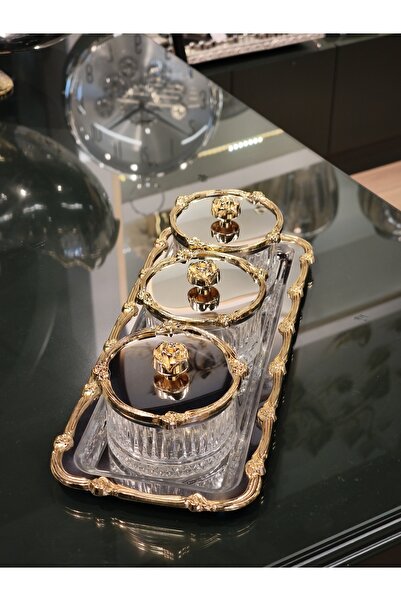 P&ORA PREMIUM KITCHEN PRODUCTS New Rose-Detail Gold Silver 3-Piece Set, with Tray, for Juice, Jam, and Snacks