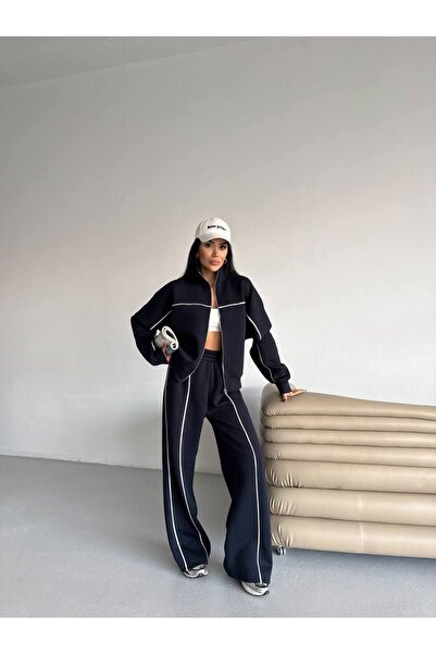 VESS MODA Women's Compak Combed Cotton 3-Thread Inner Ş Fleece-Lined Intermediate B Piped Double Tracksuit Set