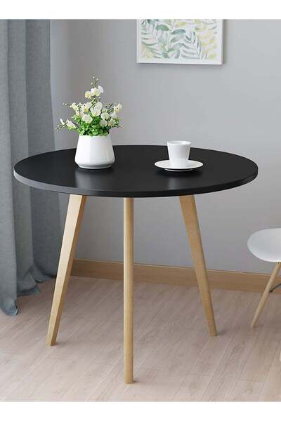 Taimi Black Round Dining Table 80x80x72cm With solid Wooden Legs Suitable For Dining and Living Room