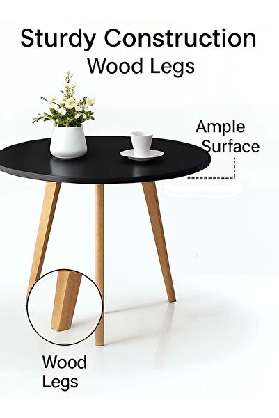Taimi Black Round Dining Table 80x80x72cm With solid Wooden Legs Suitable For Dining and Living Room