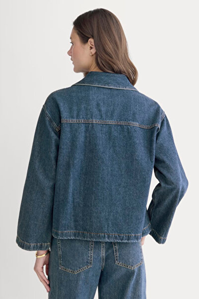 Setoso V Yaka Yama Cep Detaylı Oversize Denim Bluz Üst - Yıkamalı Kot Üst.