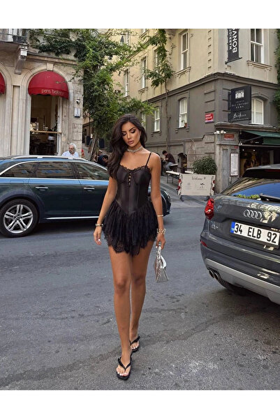 Bak Moda Lace Detailed Satin Corset Mini Suspender Black Shorts Skirt Dress