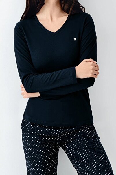 Pierre Cardin Women's Navy Blue Soft Fabric Pocket V-Neck Comfortable Pajama Set