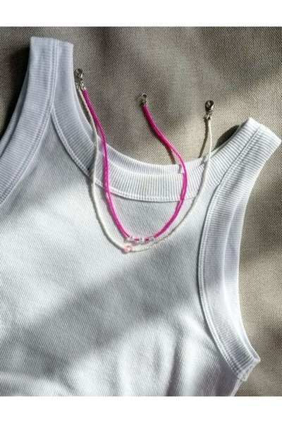 by Natalie 2Pcs Sand Bead Necklace with Pink and White Crystal Details