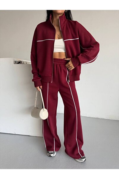 VESS MODA Women's Compak Combed Cotton 3-Thread Inner Ş Fleece-Lined Intermediate B Piped Double Tracksuit Set