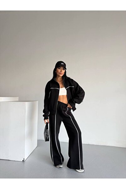 VESS MODA Women's Compak Combed Cotton 3-Thread Inner Ş Fleece-Lined Intermediate B Piped Double Tracksuit Set