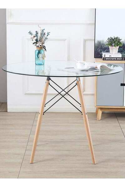 Taimi Glass Round Dining Table 80x80x72cm With solid Wooden Legs Suitable For Dining and Living Room