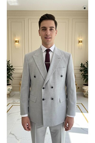 Salihtarzz Takım Elbise Çizgili Kruvaze Battal Büyük Beden Gri SD42266