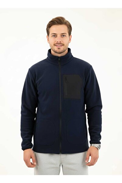 fh fashionhere Men's Full Zippered Navy Blue Fleece Jacket with 3 Front Pockets and Pocket Detail