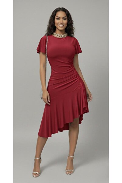 Cockatoo New Season Gray Draped Skirt Ruffle Detailed Asymmetrical Cut Short Sleeve Stylish Design Dress