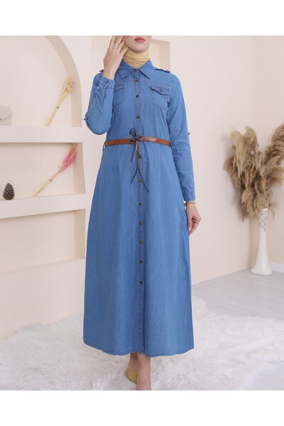 Modamorfo Modré džínsové šaty – s gombíkmi a opaskom