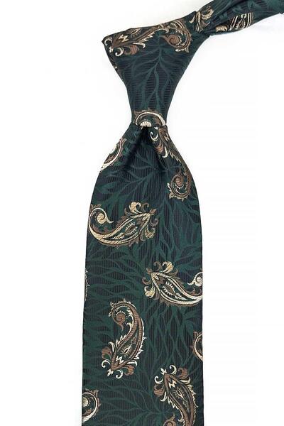 Kravatkolik Green - Brown Shawl Pattern Classic Tie with Handkerchief Kk13302