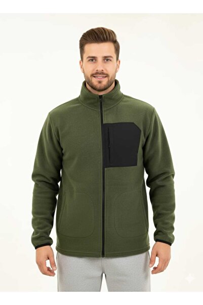 fh fashionhere Men's Full Zip Khaki Fleece Jacket with 3 Front Pockets and Pocket Detail