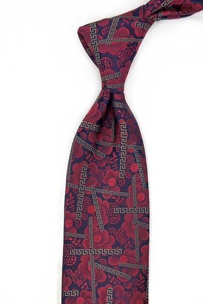 Kravatkolik Red - Navy Blue Motif Pattern Classic Tie with Handkerchief Kk13311