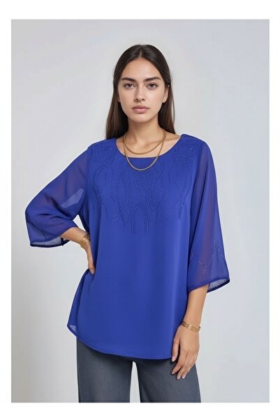 MAMAYAGA Women's Asymmetrical Cut Chiffon Curve Plus Size Viscose Sporty Stylish Blouse