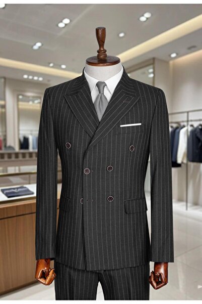 Salihtarzz Takım Elbise Çizgili Kruvaze SlimFit Füme SD42280