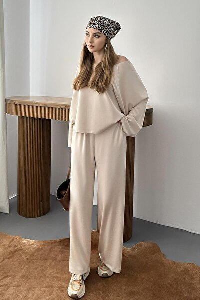 Elbee Fashion Woman Beige Oversized Mold Modal Set