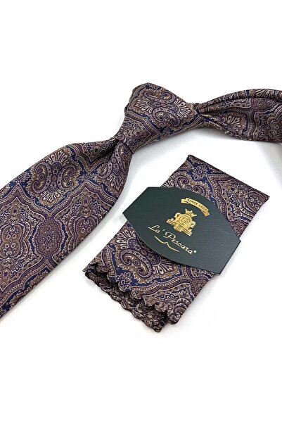 Kravatkolik Coffee - Navy Blue Motif Pattern Classic Tie with Handkerchief Kk13325