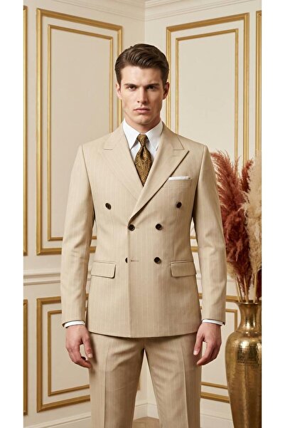 Salihtarzz Takım Elbise SlimFit Çizgili Krem Kruvaze Premium SD42293