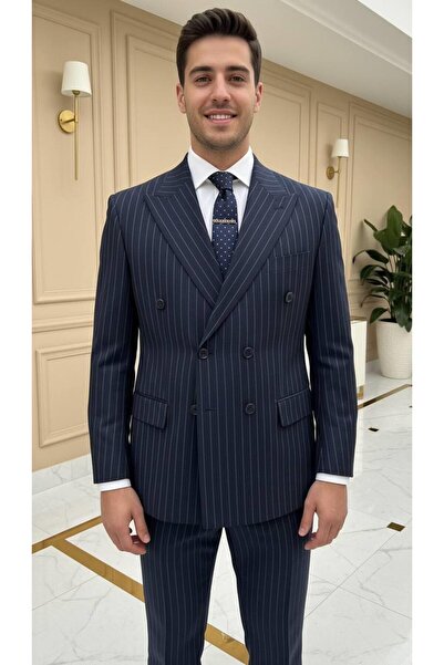 Salihtarzz Takım Elbise Çizgili Kruvaze Battal Büyük Beden Lacivert SD42268