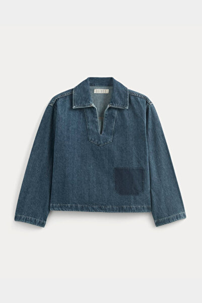 Setoso V Yaka Yama Cep Detaylı Oversize Denim Bluz Üst - Yıkamalı Kot Üst.