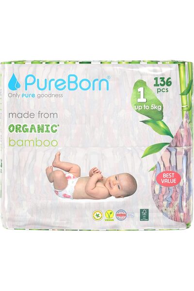 PUREBORN حفاضات الخيزران العضوية مقاس 1 - 136 قطعة، مضادة للحساسية، فائقة الن...