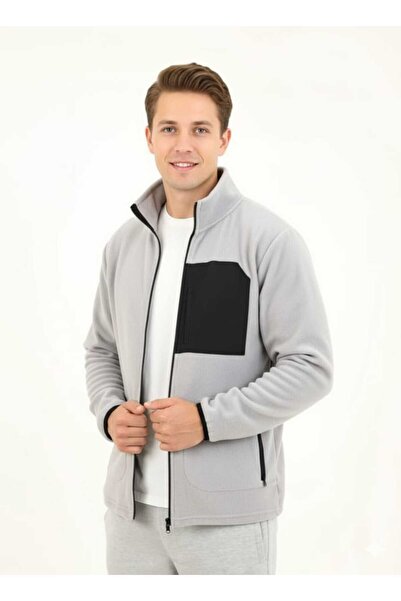 fh fashionhere Men's Full Zippered Gray Fleece Jacket with 3 Front Pockets and Pocket Detail