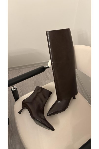 MYVOLANTE Brown Dust Cover Detailed Detachable Apparatus Boots Pointed Toe Women's Shoes