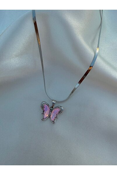 Eylülün Takısı Pink Stone Butterfly Silver Color Steel Necklace