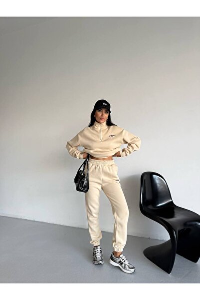 VESS MODA Women's Combed Cotton 3-Thread Inner Shirt Fleece-Lined Half-Pocket Double Tracksuit Set