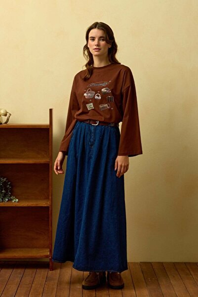 Ceylan Otantik Acı Kahve Vintage Printed Basic Bodysuit & Denim Single Button Skirt Set