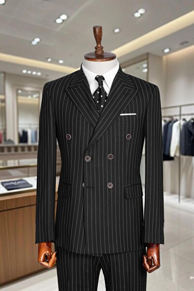 Salihtarzz Takım Elbise Çizgili Kruvaze SlimFit Siyah SD42278