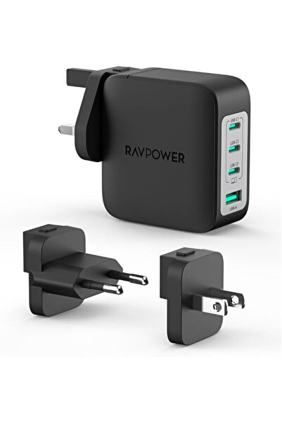RavPower محول سفر عالمي بقوة 140 واط، شاحن سريع GaN رباعي المنافذ، PC1087