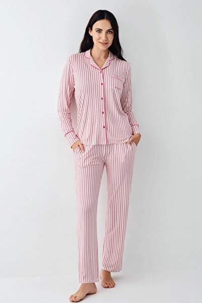 Pierre Cardin Women's Pink Long Sleeve Shirt Collar Pajama Set