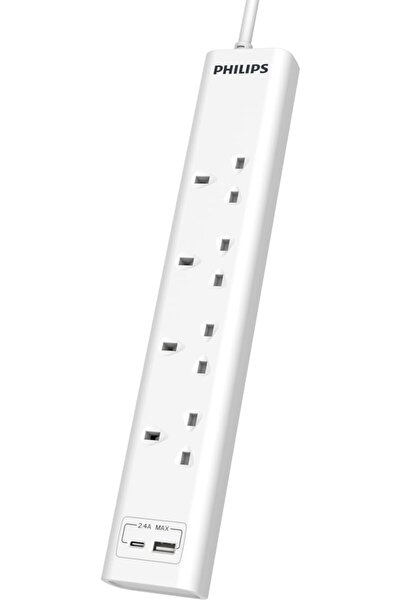 Philips 4-Way UK Extension Lead with 2 x Type A USB Ports (2.4A), 3 Meter Length