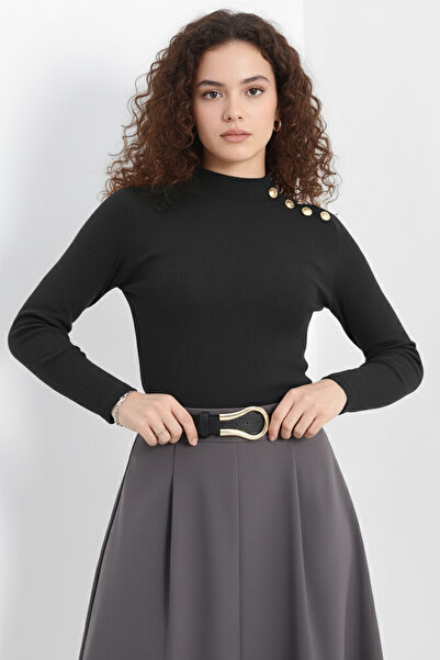 evolise Gold Buttoned Turtleneck Corded Fabric Ribbed Knit Blouse - Anthracite