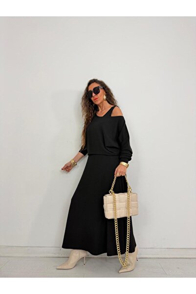 QİMYA BUTİK With a Bunch Women's Thick Strap Y Slit Sleeveless Dress over Long Sleeve Open Collar Short Blouse Two-Piece