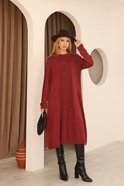 AYASOFYA OTANTIK Women's Burgundy Round Neck Patterned Pocketed Vintage Loose Cotton Knit Midi Dress