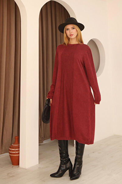AYASOFYA OTANTIK Women's Burgundy Round Neck Patterned Pocketed Vintage Loose Cotton Knit Midi Dress