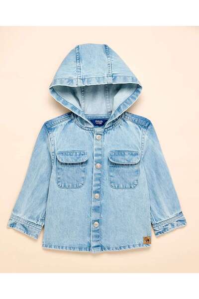 R&B قميص جينز بغطاء رأس بغطاء رأس وأزرار للإغلاق