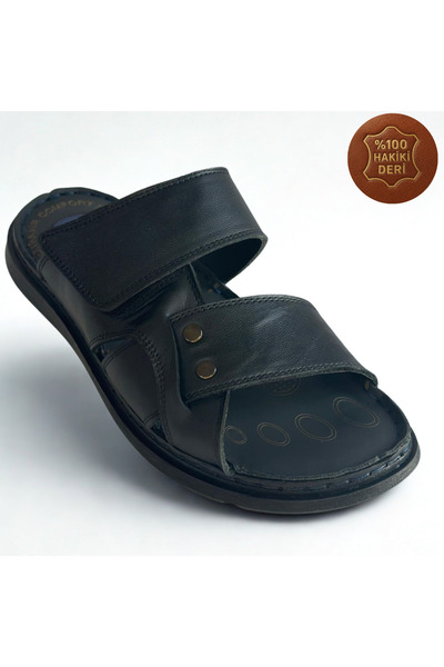 Kardeşler SHOE Black Genuine Leather Men's Velcro Slippers Ultra Orthopedic S...