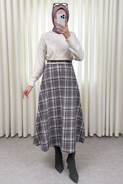 Salih Çelebi Plaid Patterned Skirt 2261 - Khaki