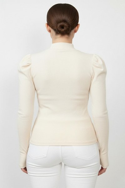 evolise Turtleneck Finger-Looped Ribbed Knit Princess Sleeve Blouse - Beige