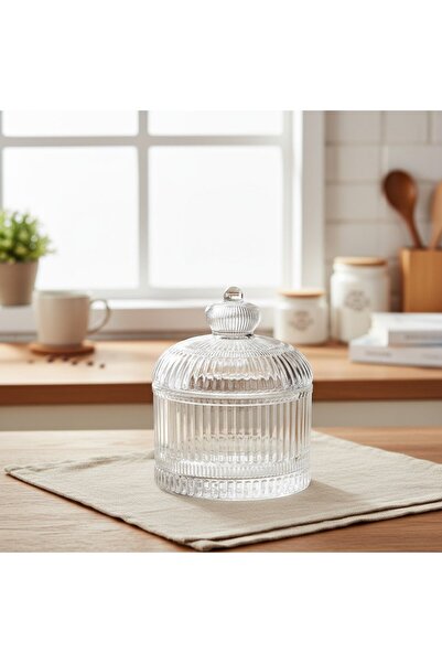 FAIR HOME Lord Çizgi Desen Kapaklı Kristal Cam Şekerlik 11×9 cm