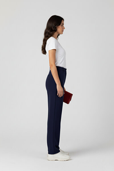 buğrahayalin Women's Modal piped High Waist Elastic Waist Wide Leg Trousers - Navy Blue