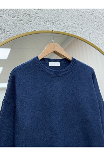 MİHRA STORE Finlayah Kol Ucu Ve Altı Corded Fabric Düz Oversized Knitwear Sweater-Kr5049 Navy Blue