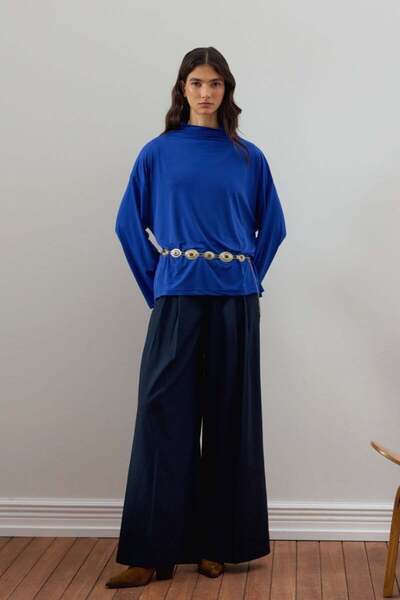 Ceylan Otantik Cobalt Blue Jersey Blouse & Navy Blue Pleat Detail Palazzo Pants