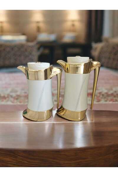Alsaif Gallery Two luxurious thermos sets in white and gold – for storing coffee and tea, 750ml and 1 liter capacities