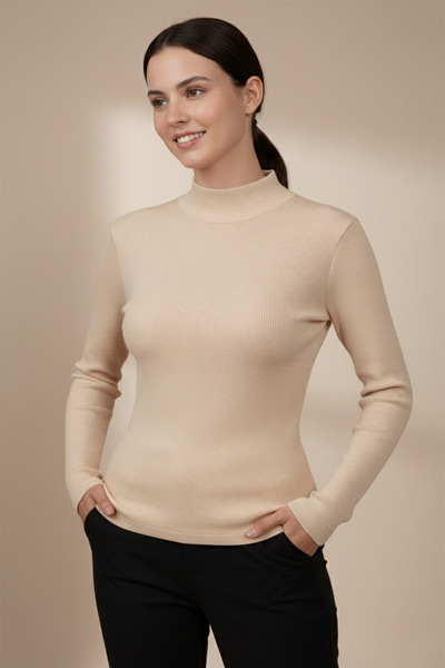 evolise Women's Beige Turtleneck Blouse