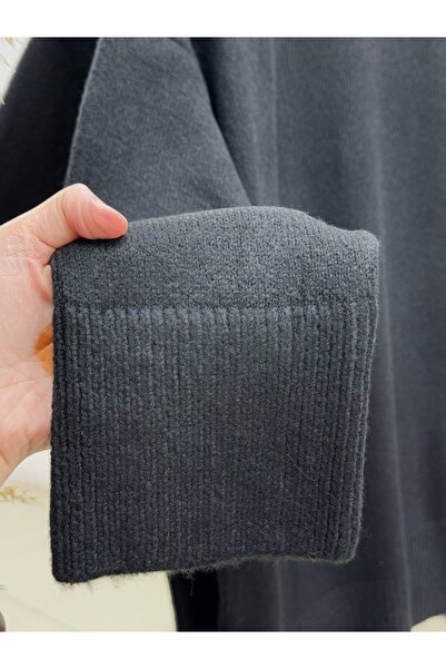 MİHRA STORE Finlayah Kol Ucu Ve Altı Corded Fabric Düz Oversized Knitwear Sweater-Kr5049 Black